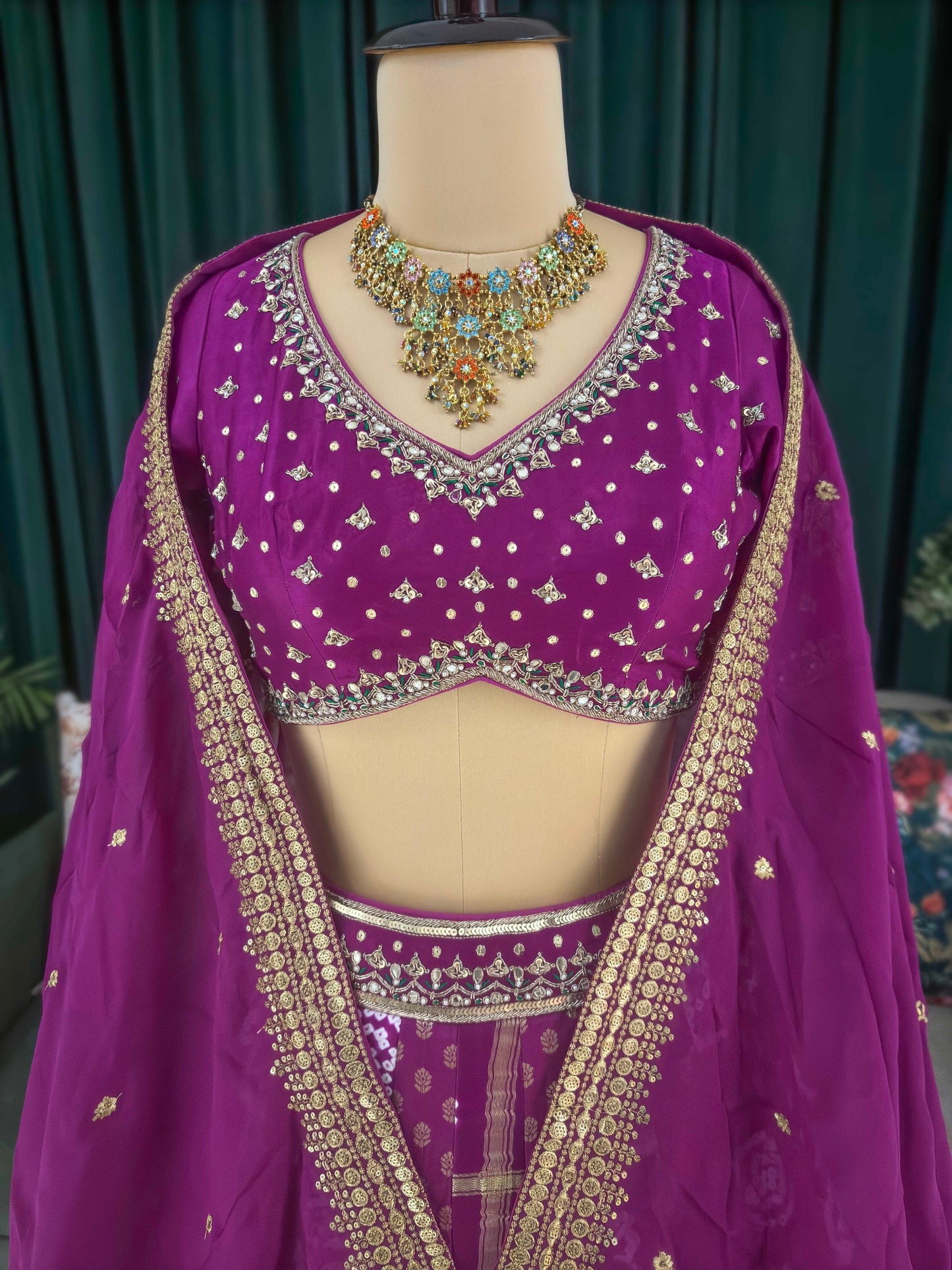 Purple Bandhani Print Embroidered Festive Lehenga Set