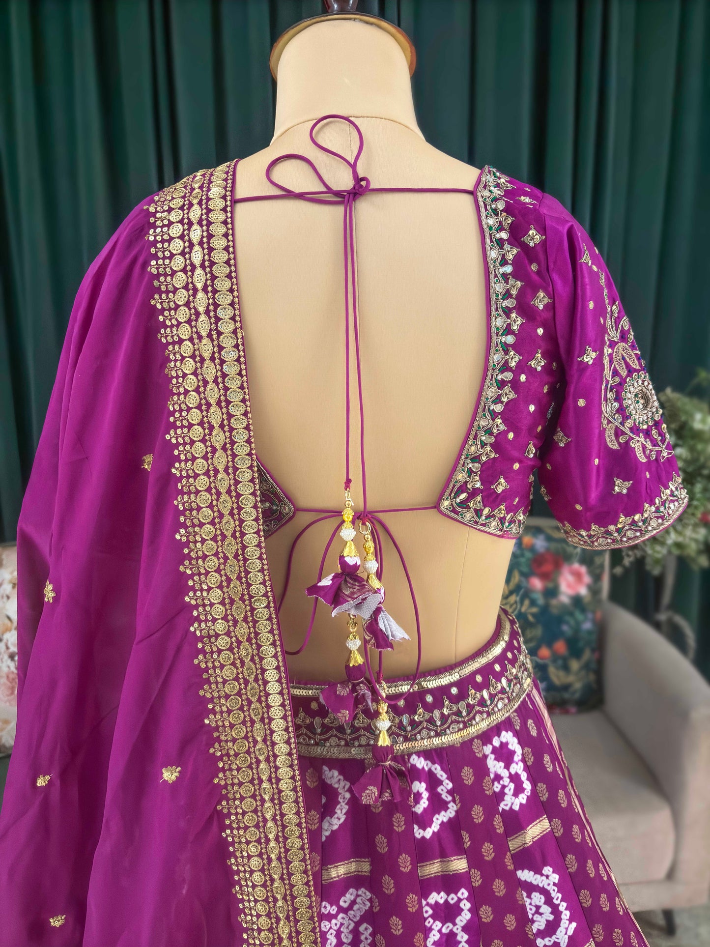 Purple Bandhani Print Embroidered Festive Lehenga Set