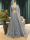 Hand-Embroidered Lehenga in Zari & Sequins with Sheer Dupatta
