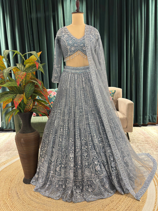 Hand-Embroidered Lehenga in Zari & Sequins with Sheer Dupatta