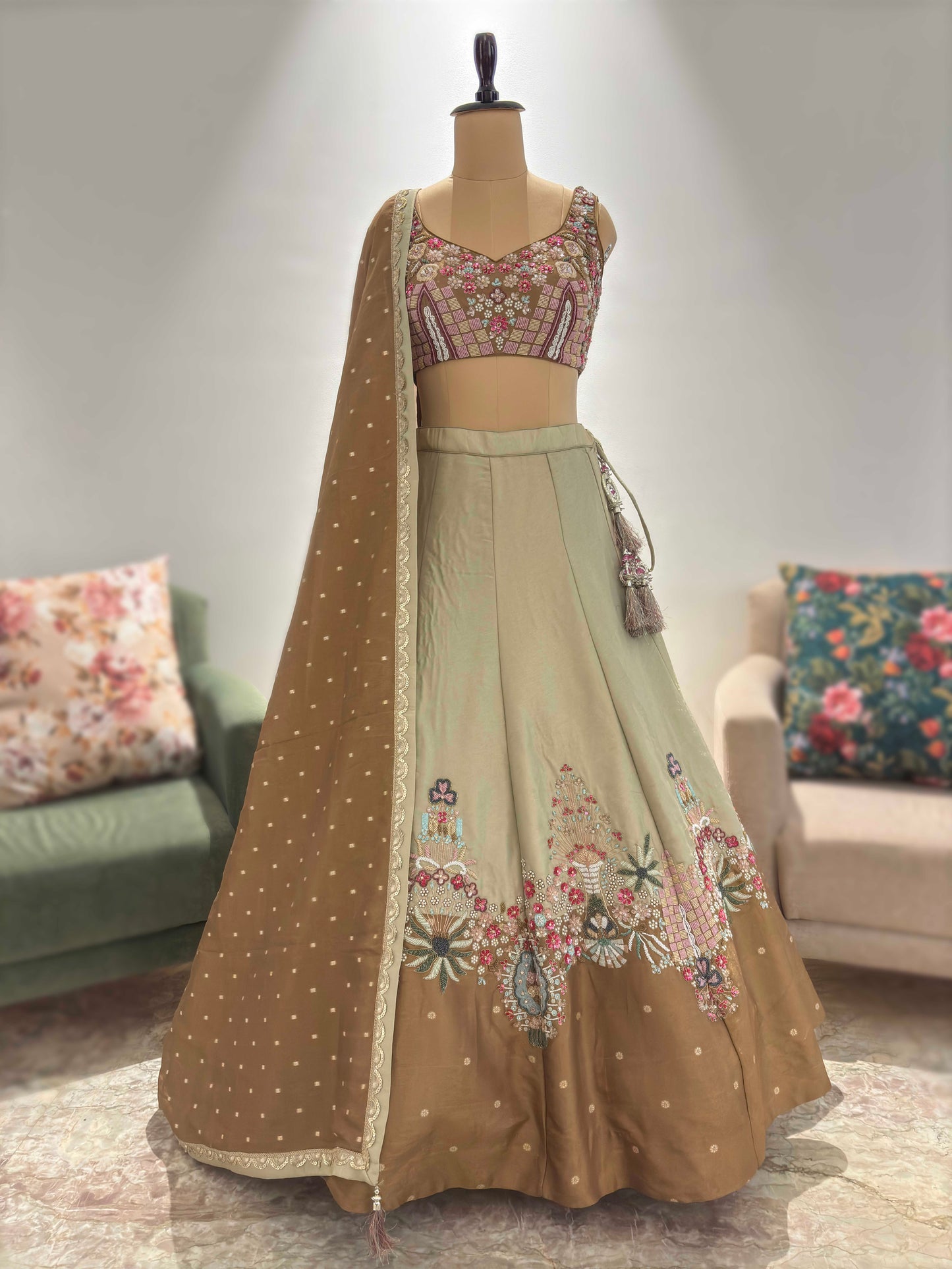 Brown Colour Lehenga with Pearl Sequins & Zardozi Work