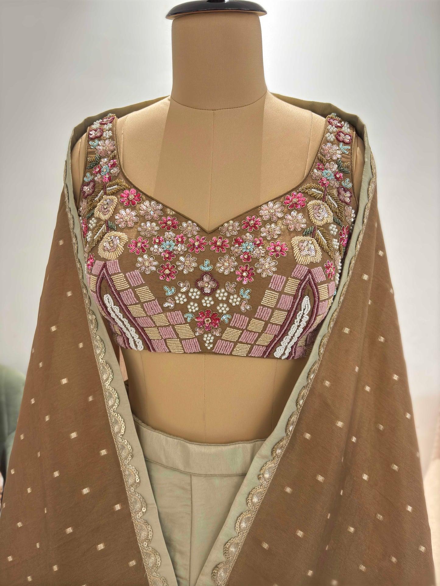 Brown Colour Lehenga with Pearl Sequins & Zardozi Work