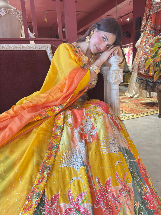 Multicolour Yellow Printed Designer Lehenga Set