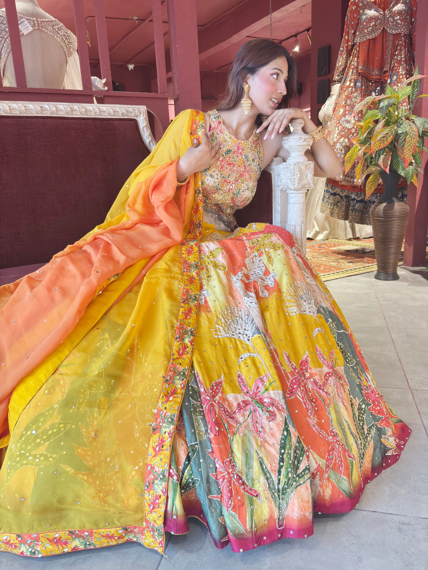 Multicolour Yellow Printed Designer Lehenga Set