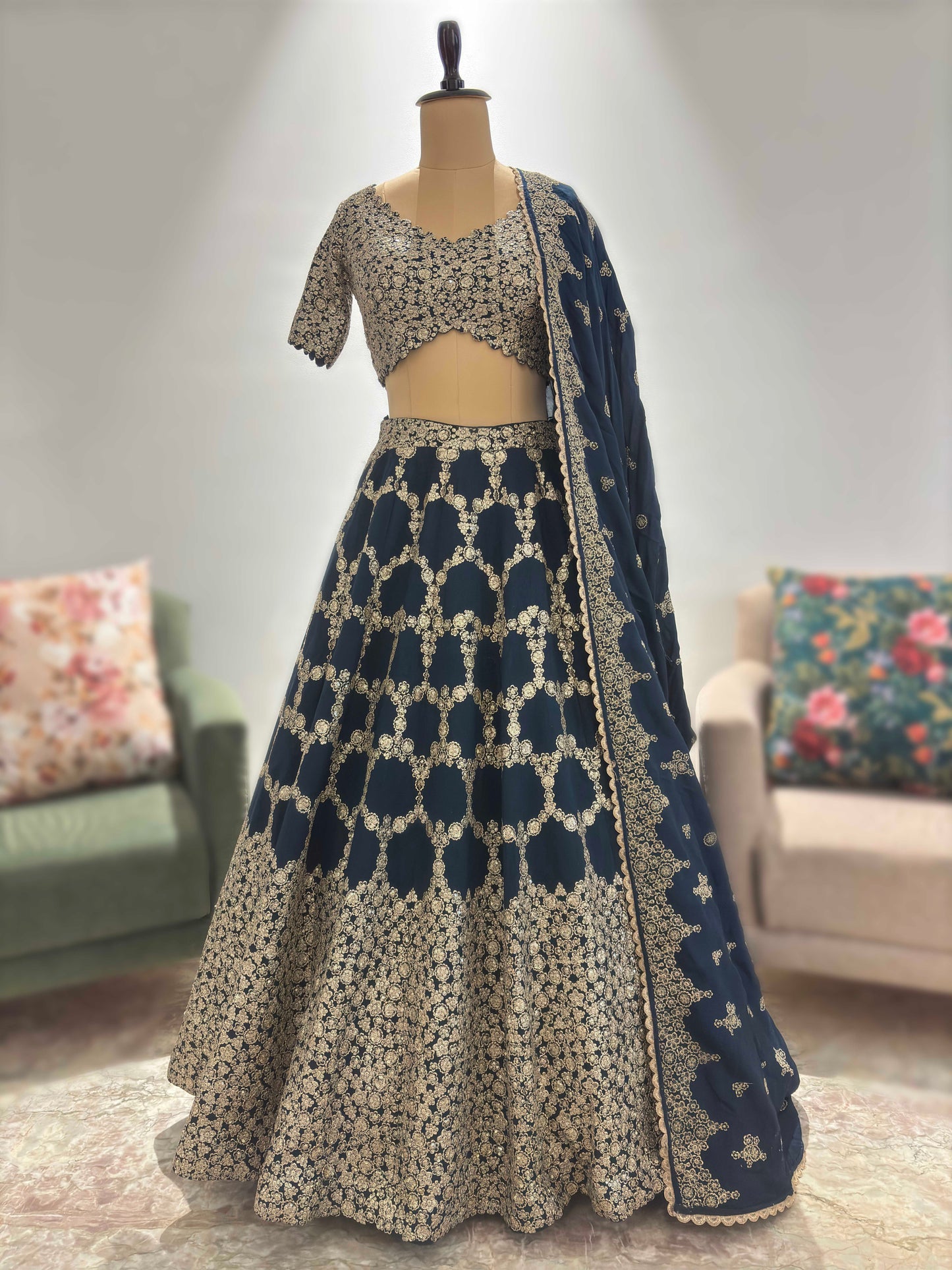 Navy Blue Heavy Embroidered Non Bridal Lehenga Set