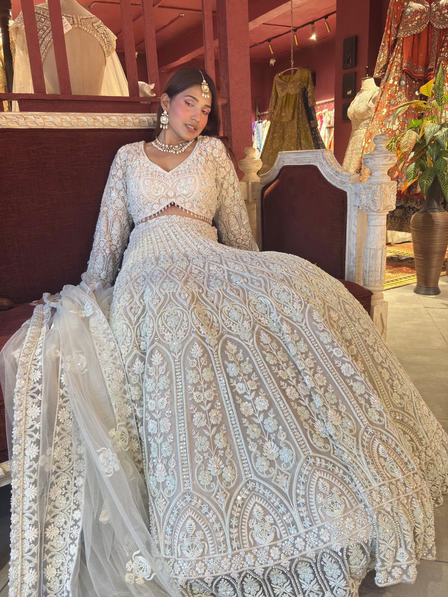 Lt-Grey Heavy Embroidered DesignerLehenga with Net Dupatta
