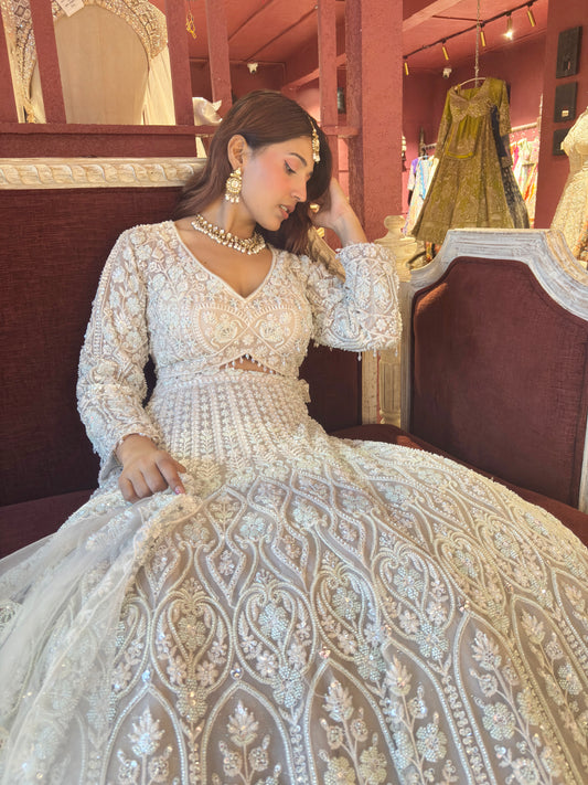 Lt-Grey Heavy Embroidered DesignerLehenga with Net Dupatta