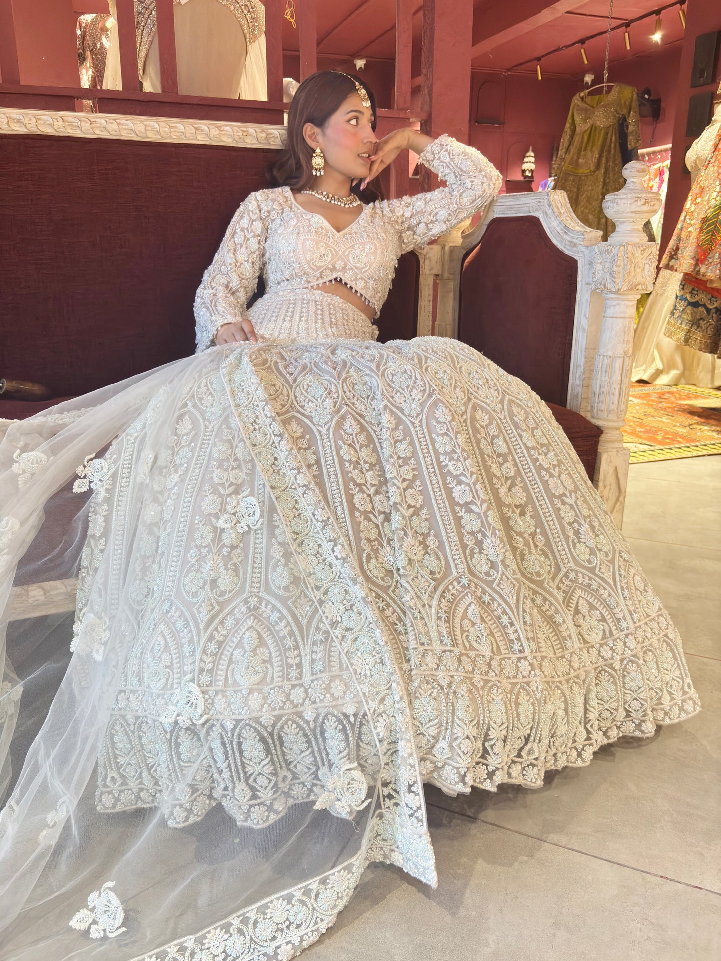 Lt-Grey Heavy Embroidered DesignerLehenga with Net Dupatta
