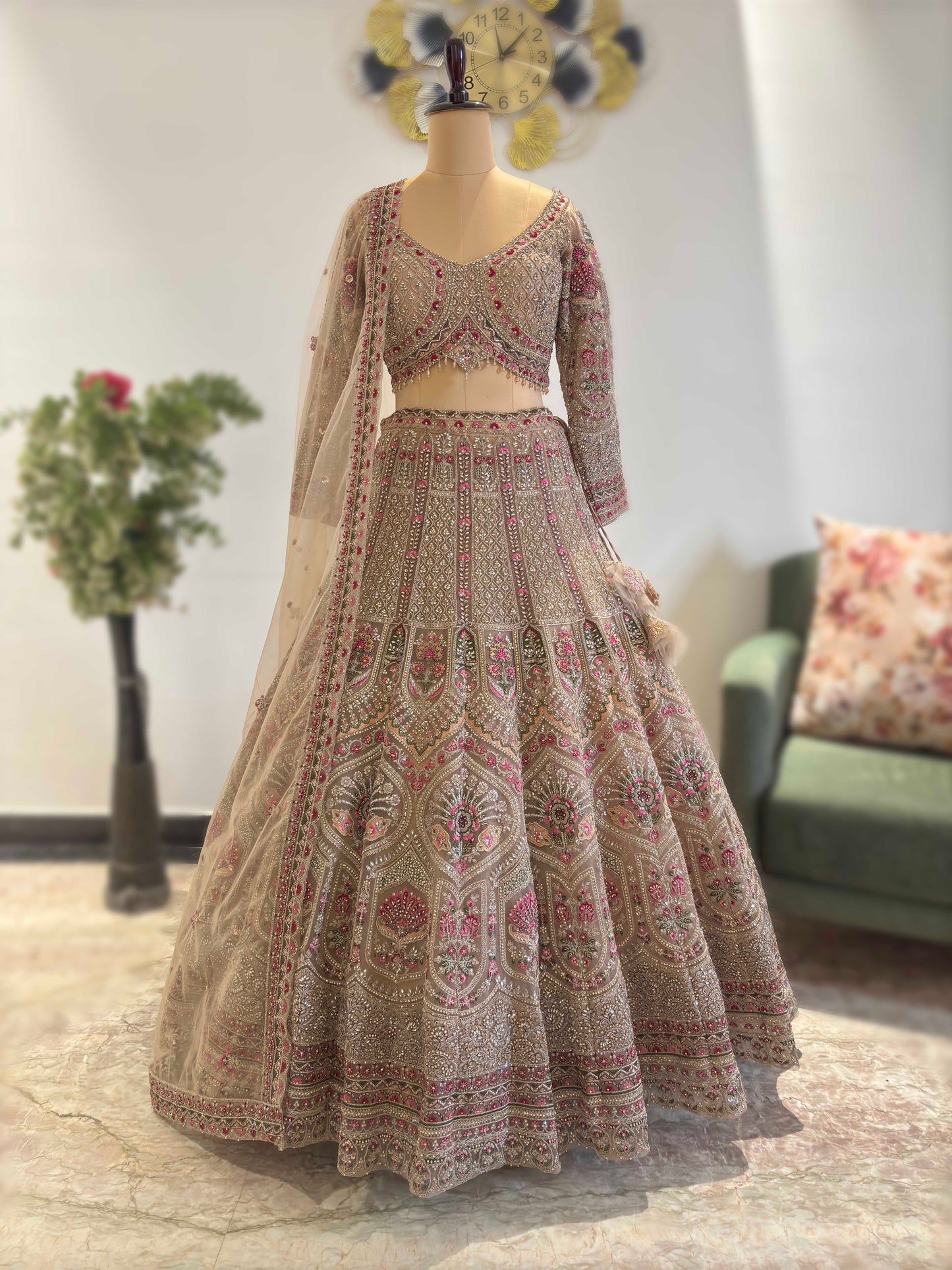 Golden Colour Lehenga with American Diamond & Multi Resham Work