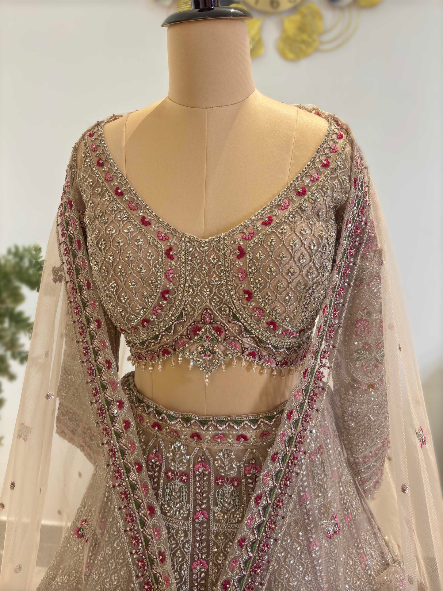 Golden Colour Lehenga with American Diamond & Multi Resham Work