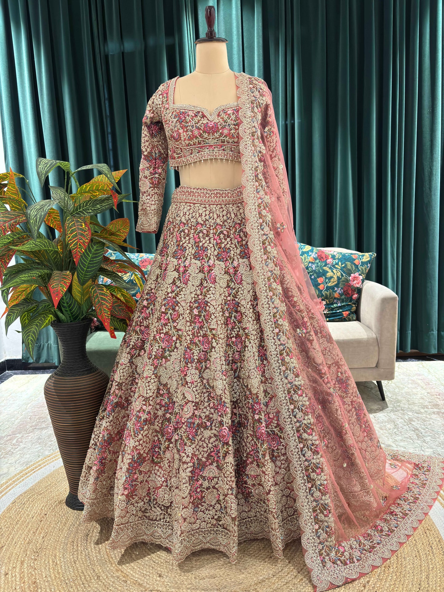 Regal Rose Pink Bridal Lehenga with Handcrafted Zari & Sequins