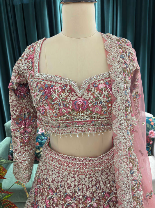 Regal Rose Pink Bridal Lehenga with Handcrafted Zari & Sequins