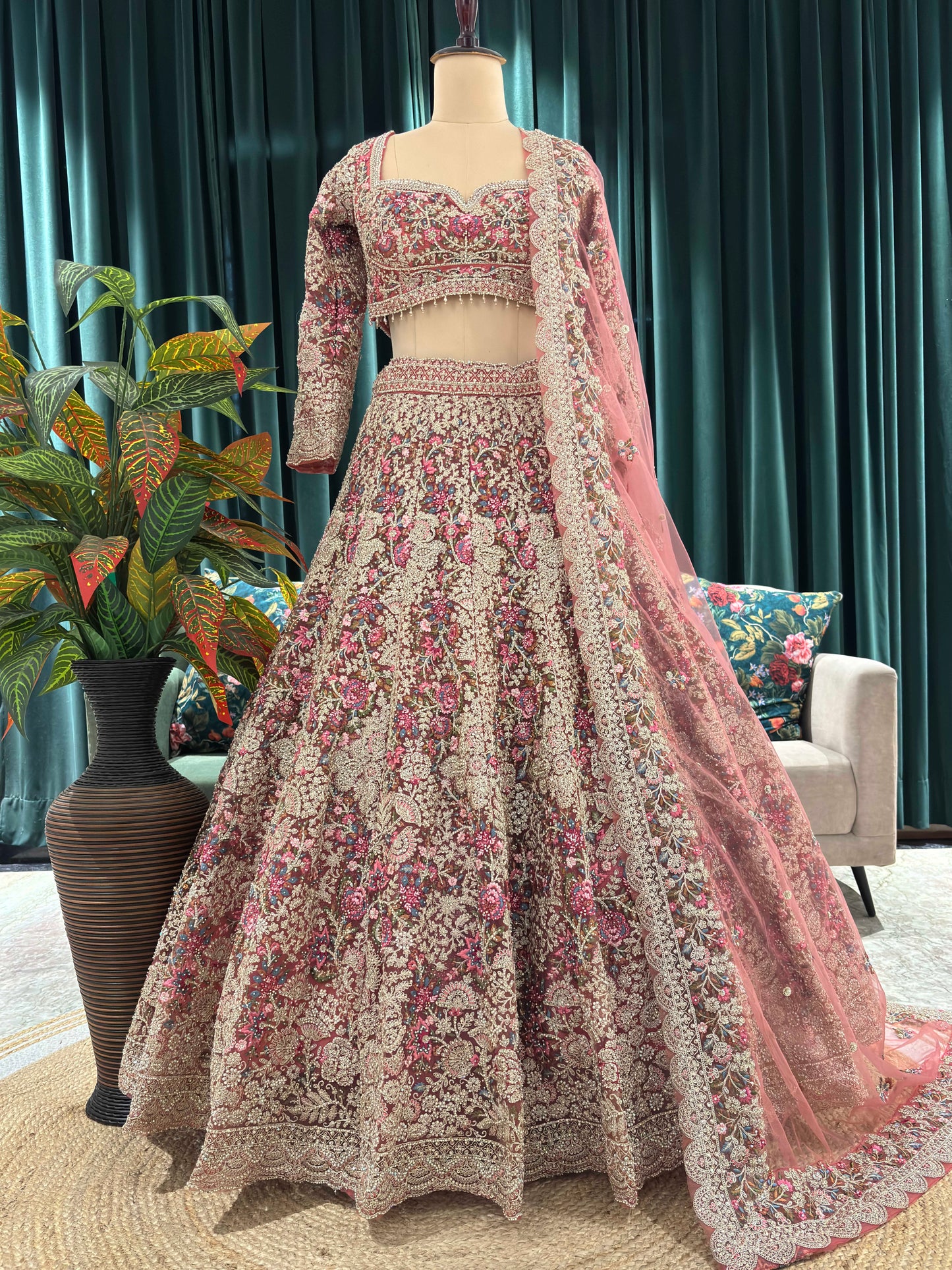 Regal Rose Pink Bridal Lehenga with Handcrafted Zari & Sequins