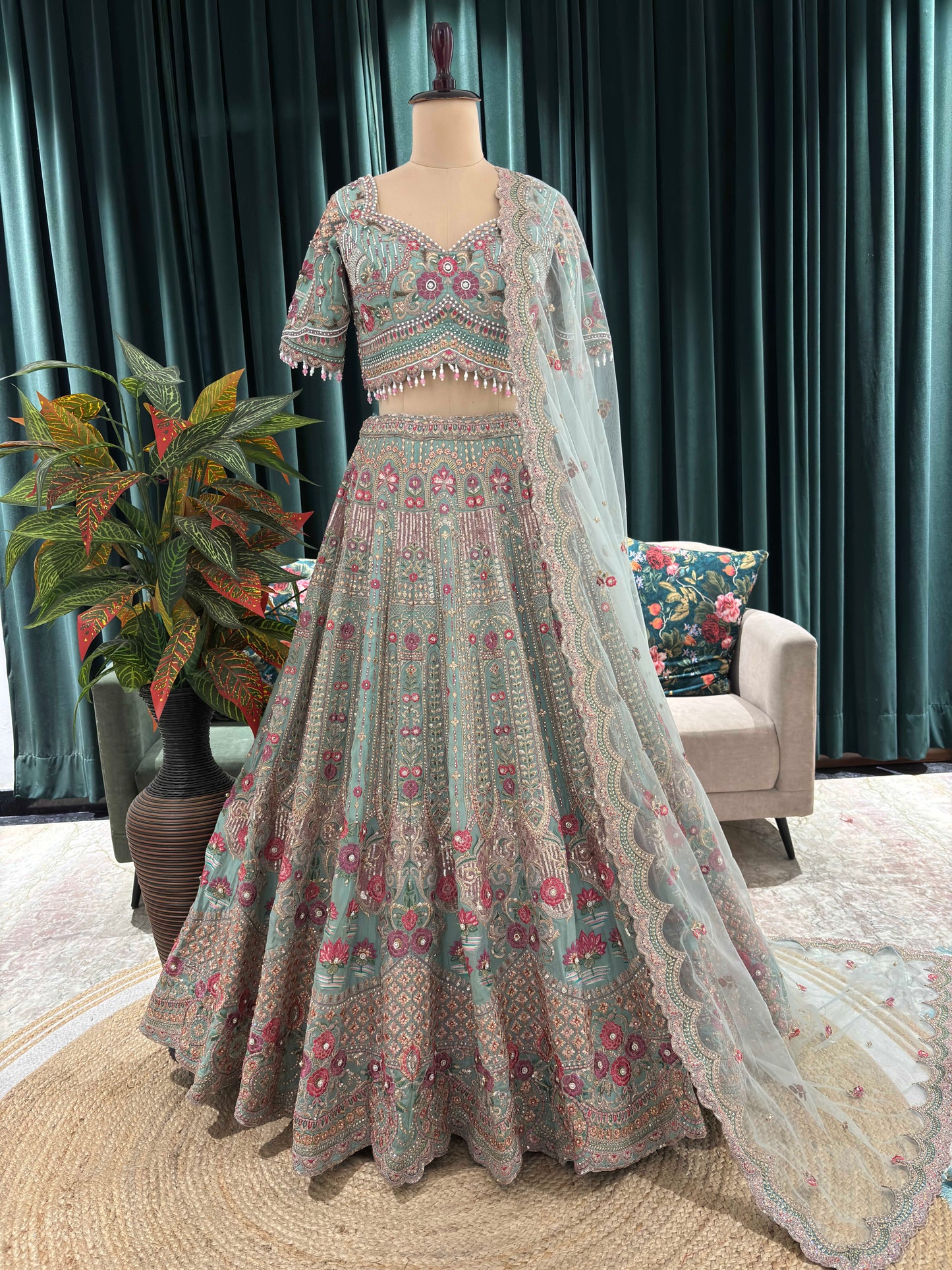 Ethereal Embroidered Lehenga with Sheer Dupatta & Floral Accents