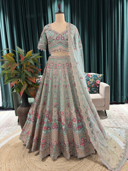 Ethereal Embroidered Lehenga with Sheer Dupatta & Floral Accents
