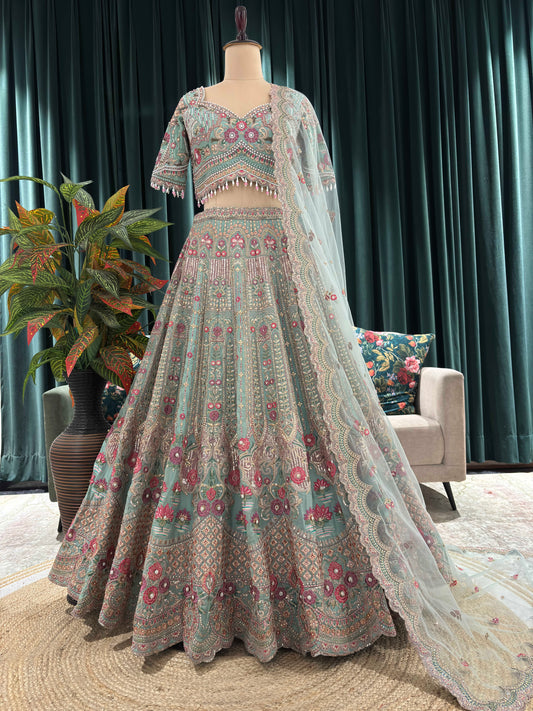 Ethereal Embroidered Lehenga with Sheer Dupatta & Floral Accents