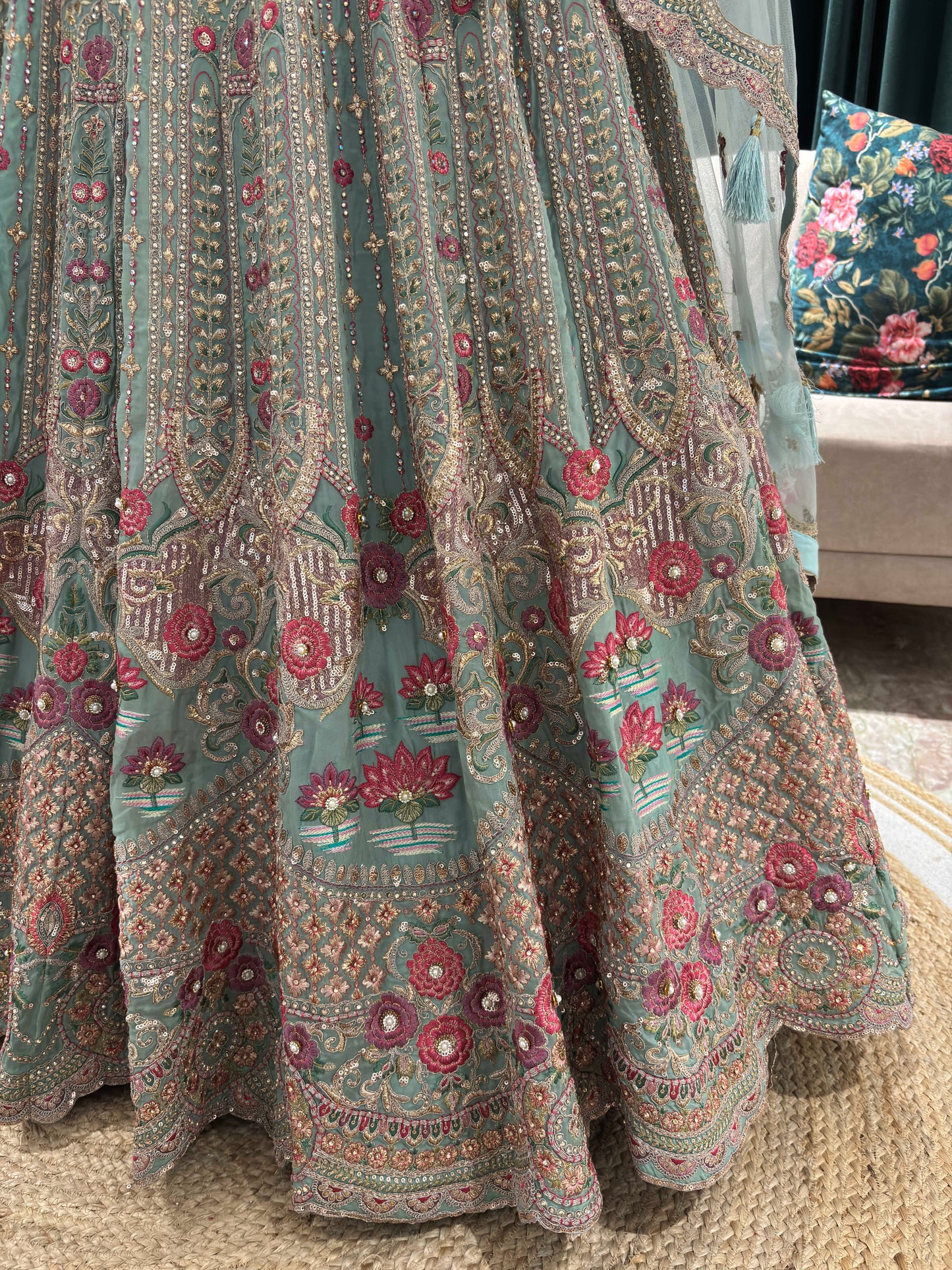 Ethereal Embroidered Lehenga with Sheer Dupatta & Floral Accents