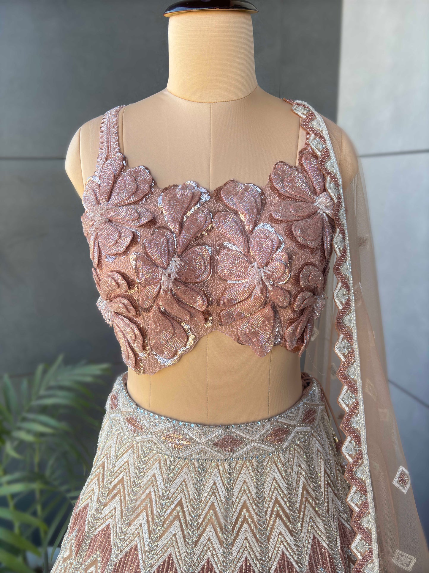 Blush Rose Gold Geometric Embroidered Designer Lehenga Set
