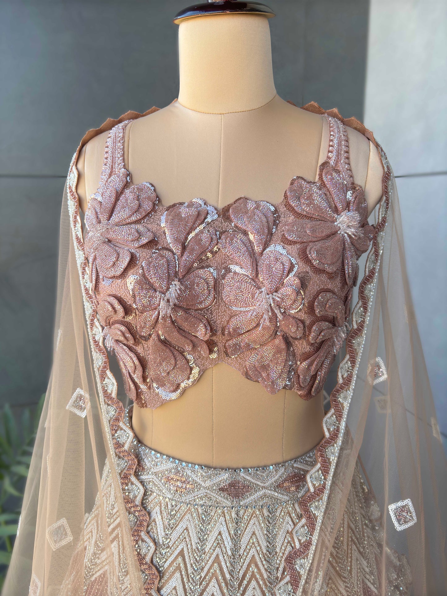 Blush Rose Gold Geometric Embroidered Designer Lehenga Set