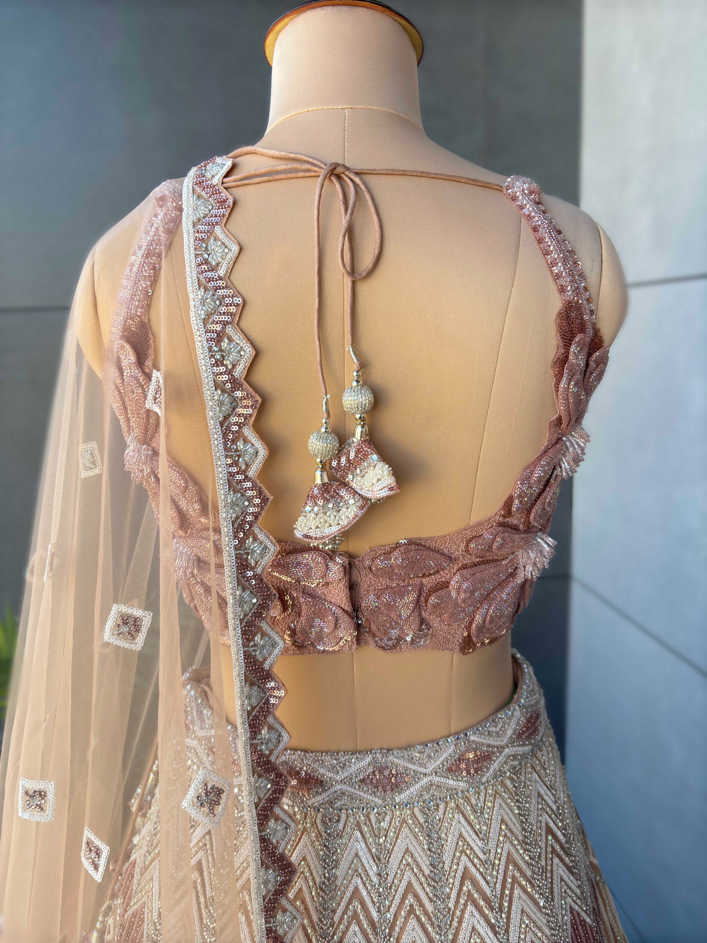 Blush Rose Gold Geometric Embroidered Designer Lehenga Set