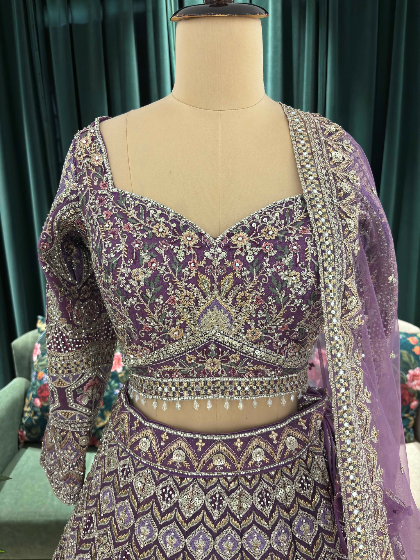 Embellished Lehenga with Intricate Threadwork and Net Dupatta