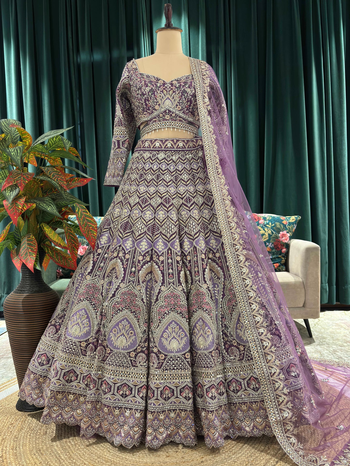 Designer Lehenga with Intricate Threadwork and Net Dupatta