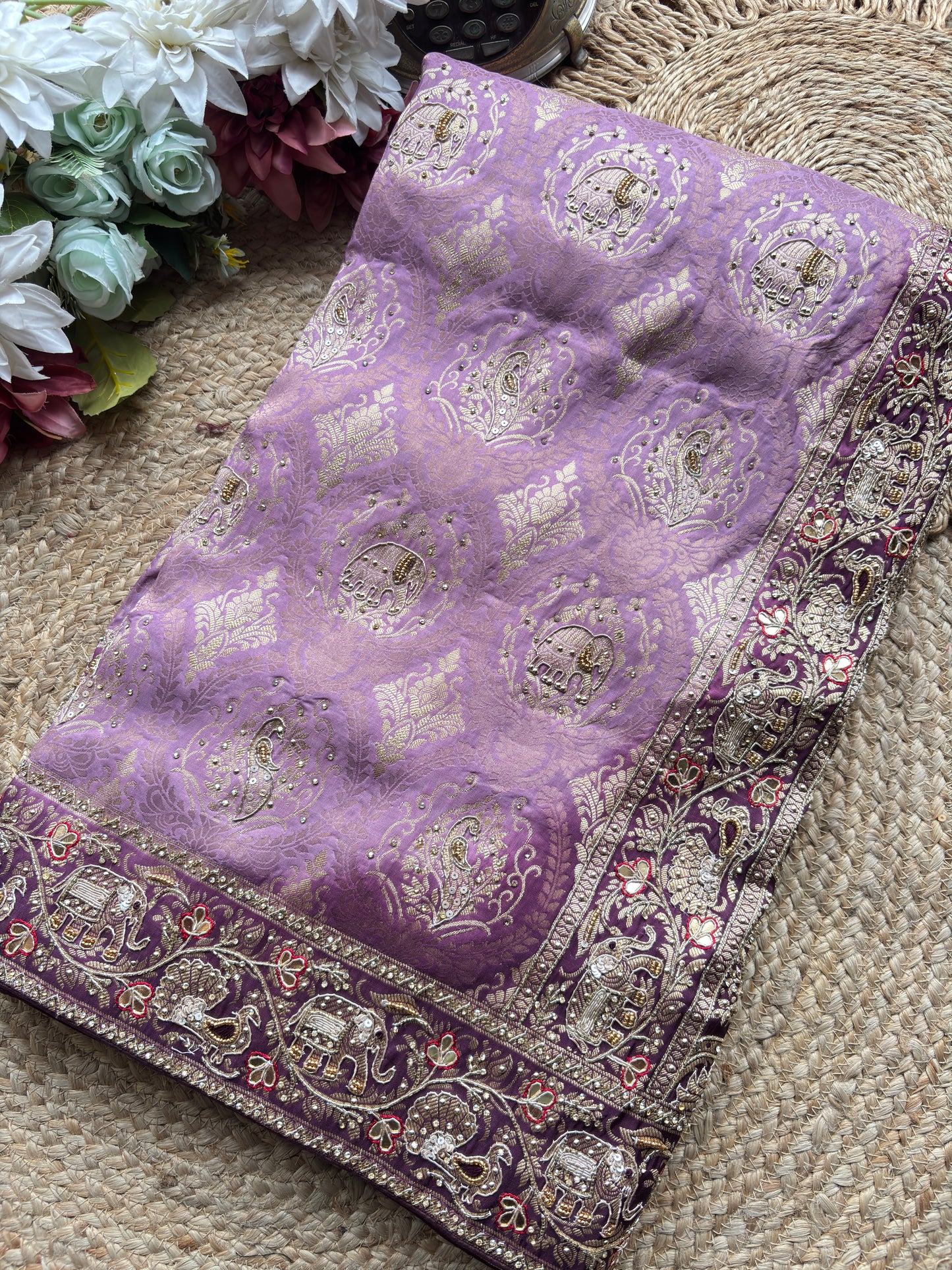 Banarasi Designer Saree with Elephant Motif and Embroidered Border