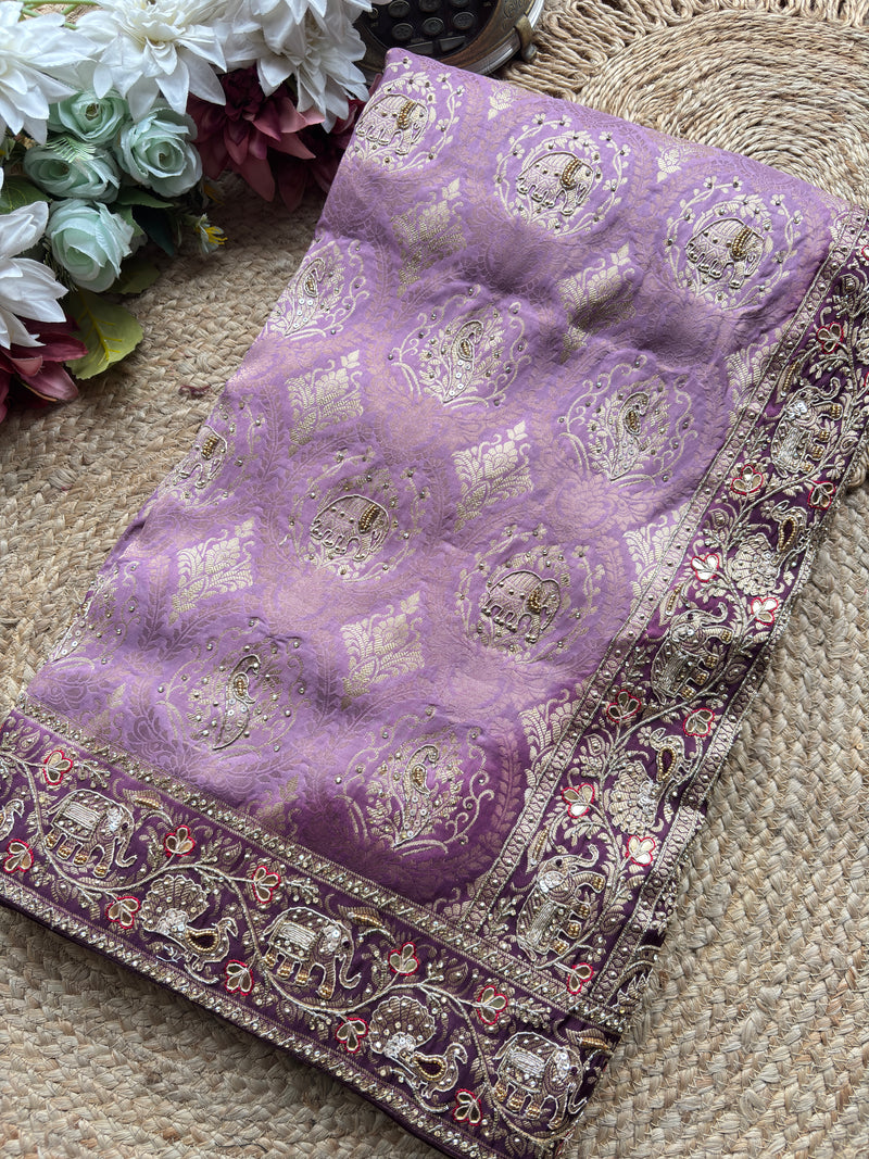 Banarasi Designer Saree with Elephant Motif and Embroidered Border