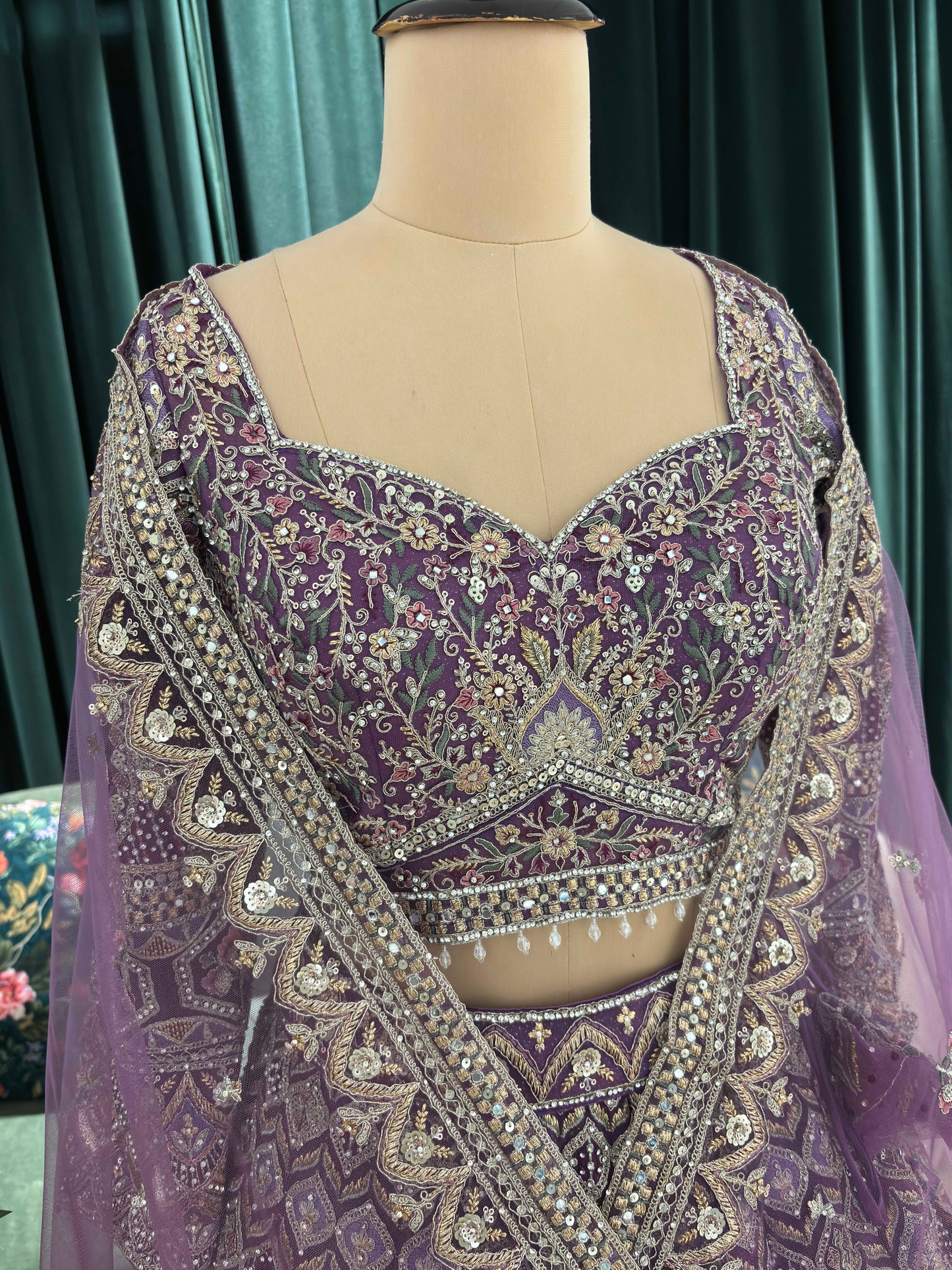 Embellished Lehenga with Intricate Threadwork and Net Dupatta