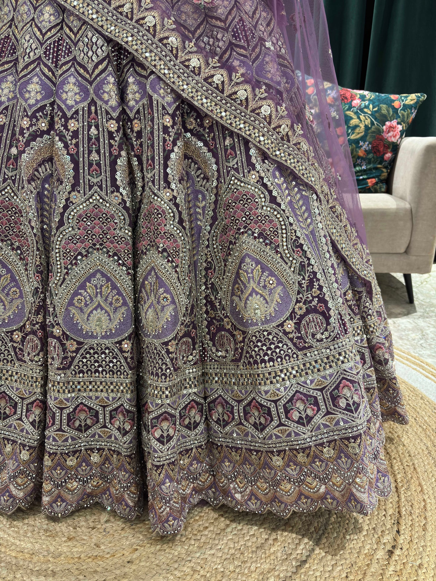 Embellished Lehenga with Intricate Threadwork and Net Dupatta