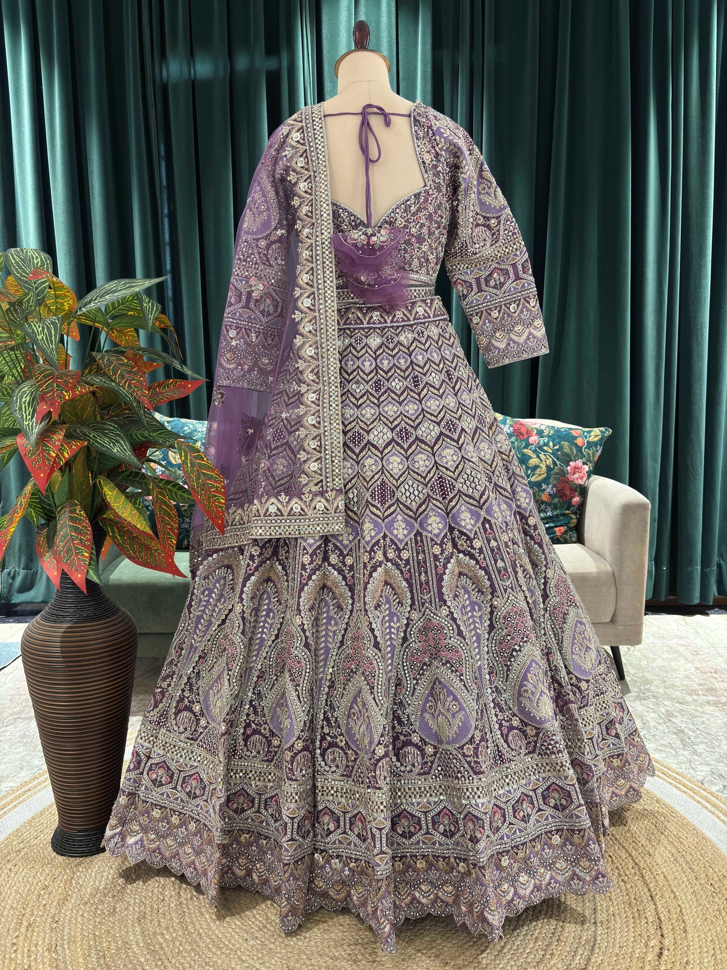Embellished Lehenga with Intricate Threadwork and Net Dupatta