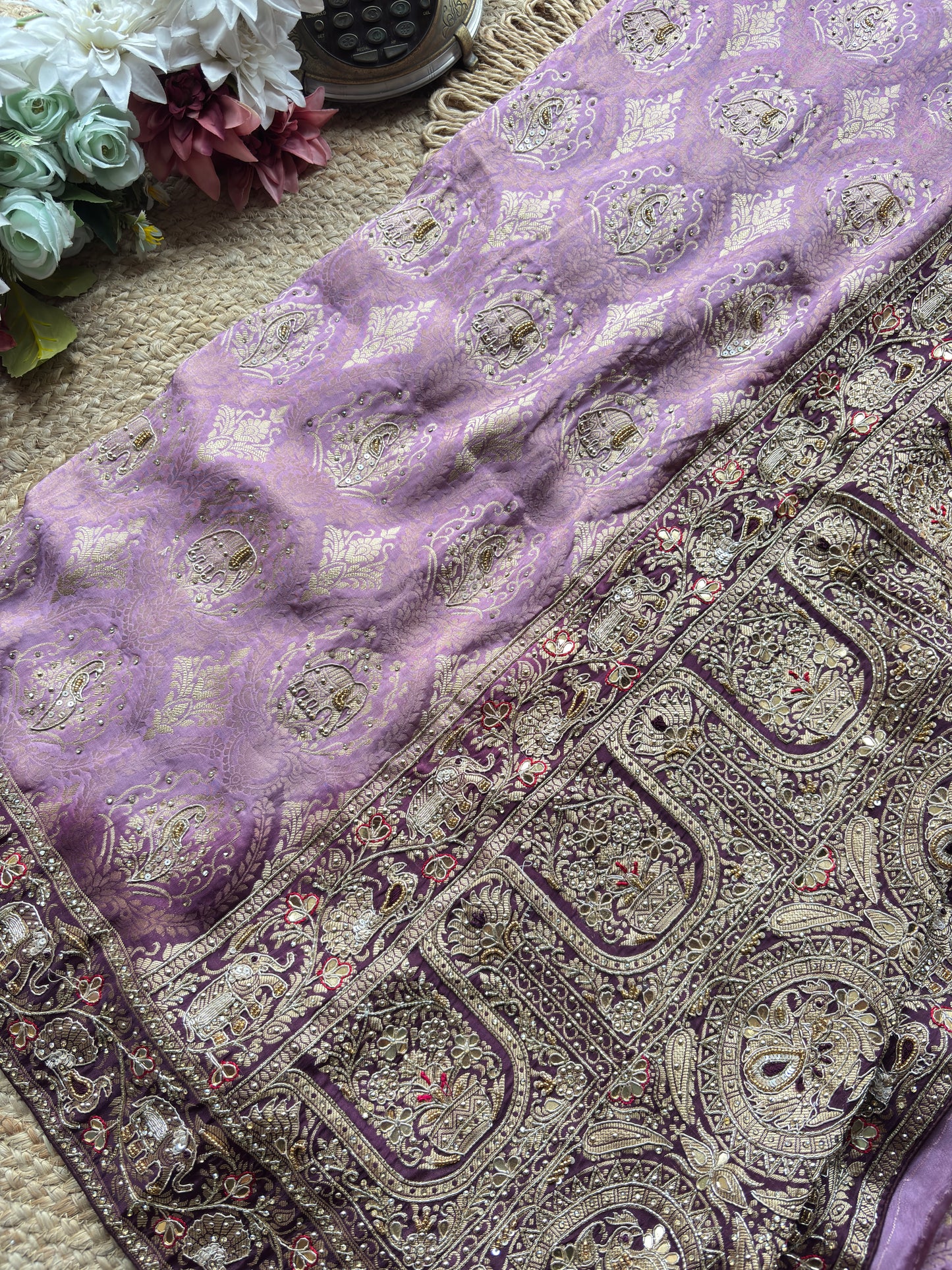 Banarasi Designer Saree with Elephant Motif and Embroidered Border