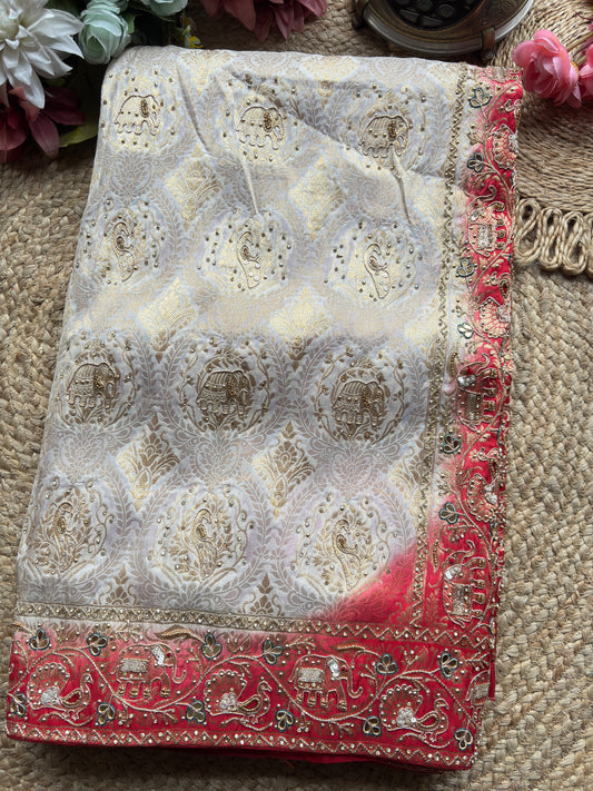 Banarasi Designer Saree with Elephant Motif and Embroidered Border