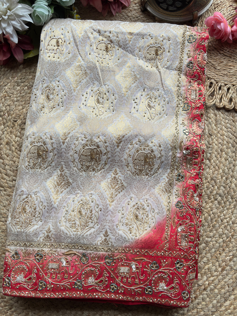 Banarasi Designer Saree with Elephant Motif and Embroidered Border