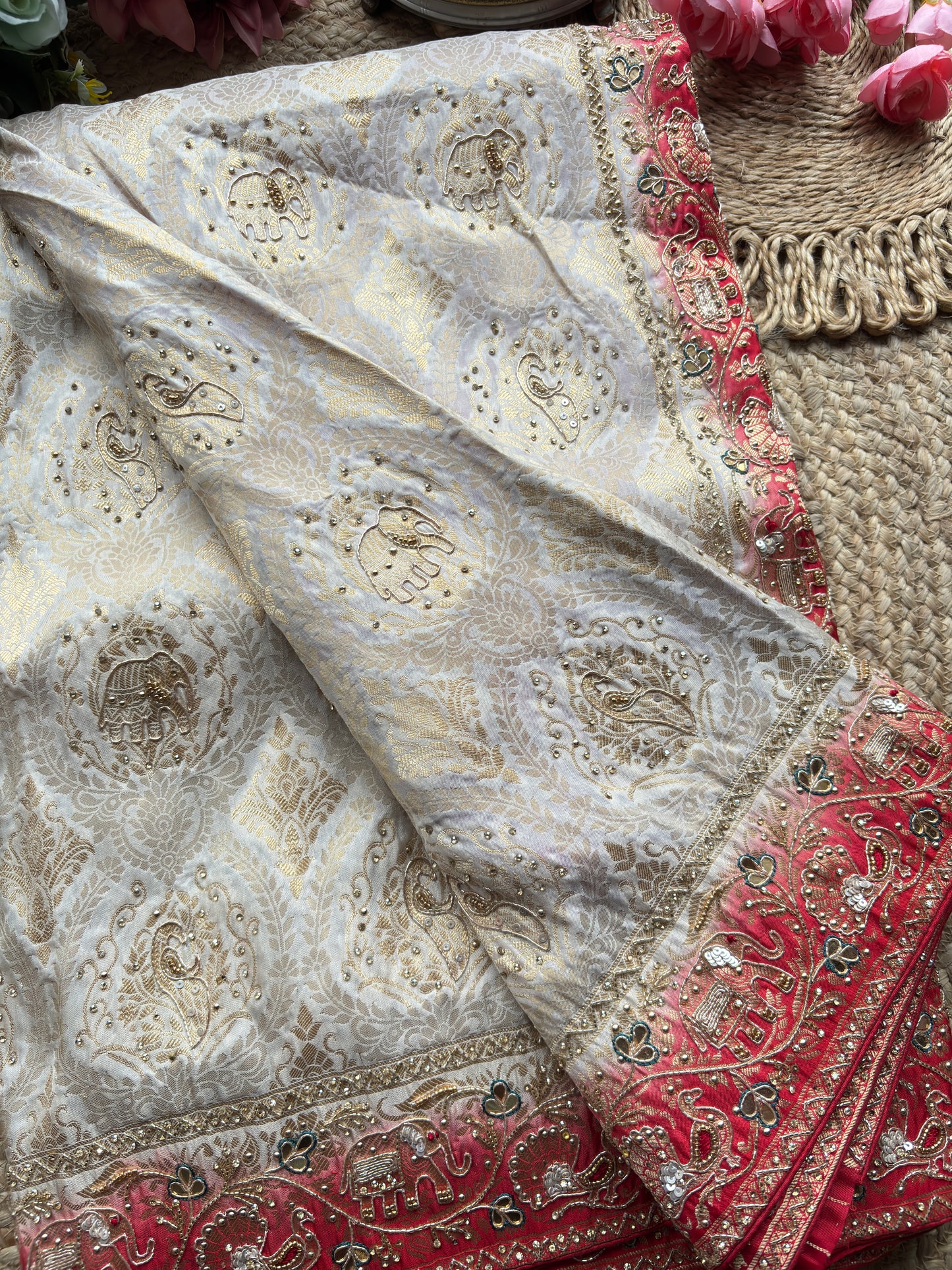 Banarasi Designer Saree with Elephant Motif and Embroidered Border