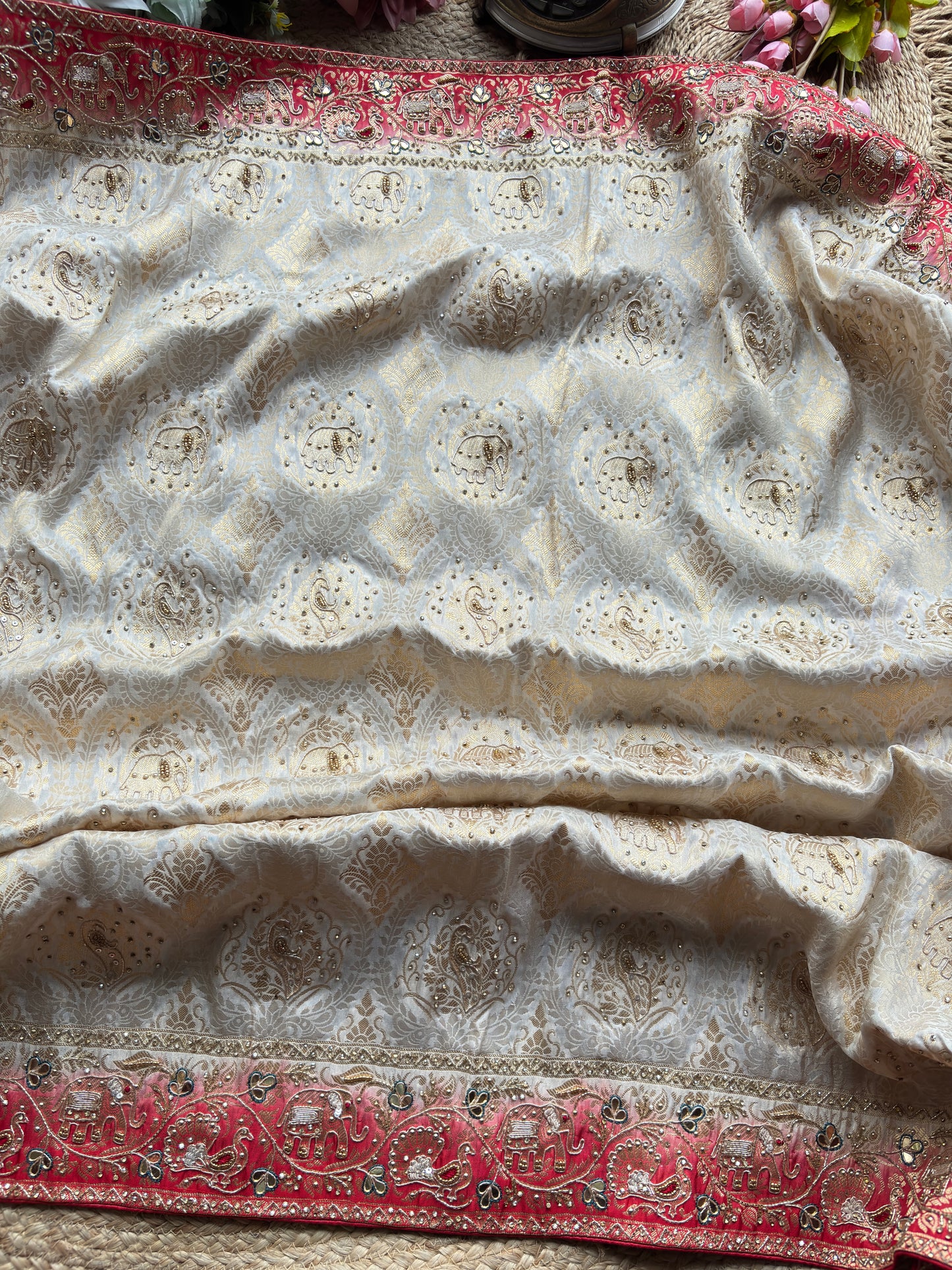 Banarasi Designer Saree with Elephant Motif and Embroidered Border