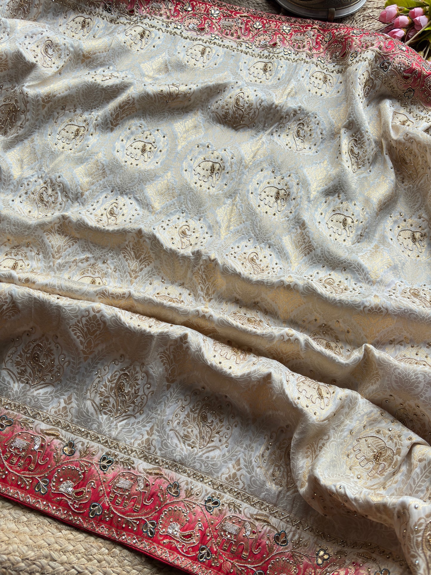 Banarasi Designer Saree with Elephant Motif and Embroidered Border