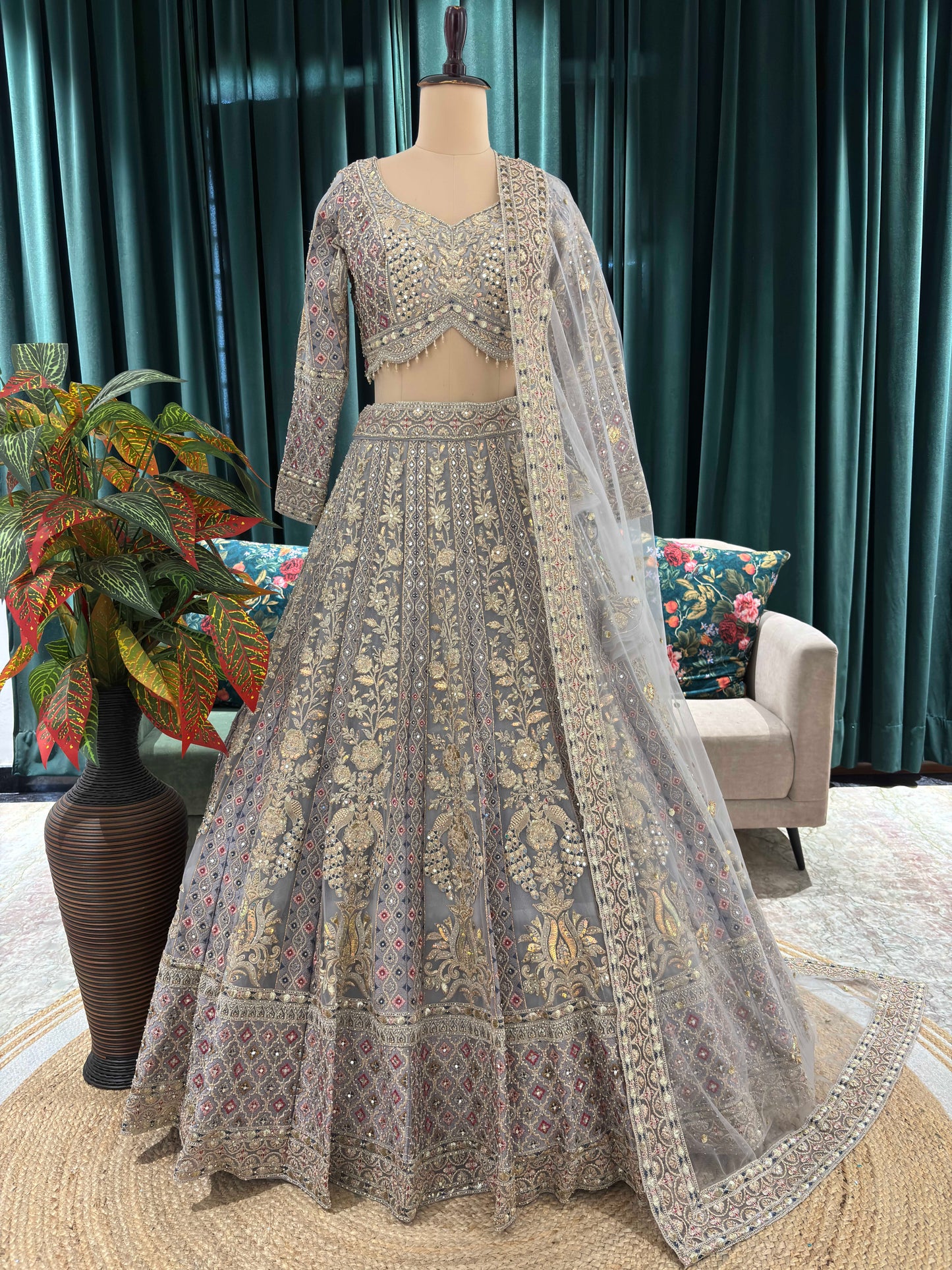 Grand Zari-Embroidered Lehenga with Sequins and Zari Accents