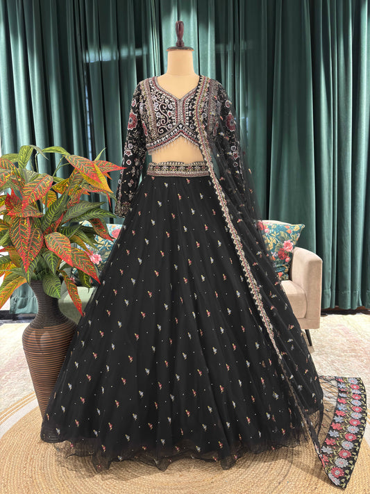 Midnight Black Embroidered Lehenga with Floral Motif Blouse