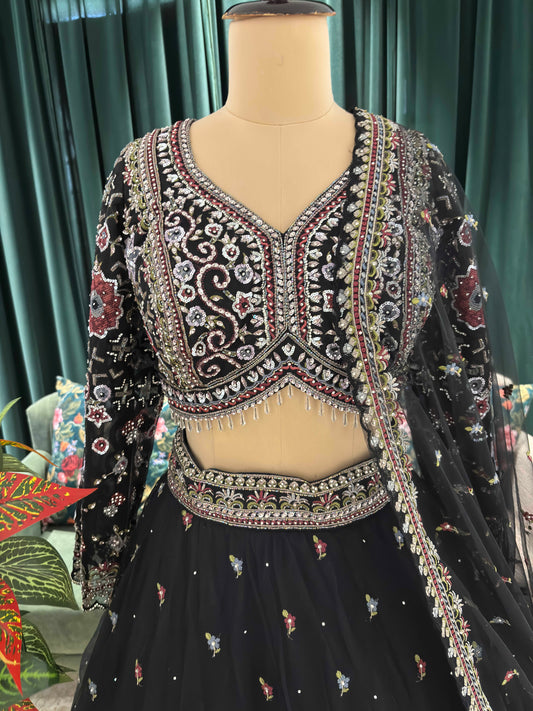 Midnight Black Embroidered Lehenga with Floral Motif Blouse