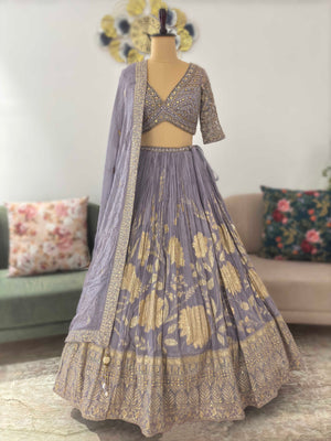 Lavender-Purple Silk Black Lehenga with Miror & Sequins Work
