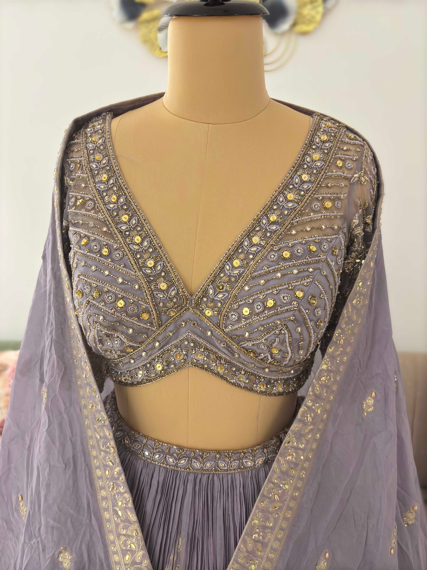 Lavender-Purple Silk Black Lehenga with Miror & Sequins Work