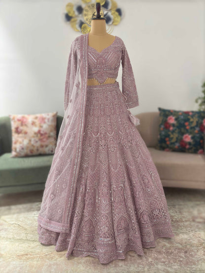 Powder-Purple Designer Lehenga with Miror Sequins & Zari Work