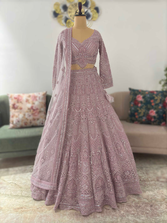 Powder-Purple Designer Lehenga with Miror Sequins & Zari Work