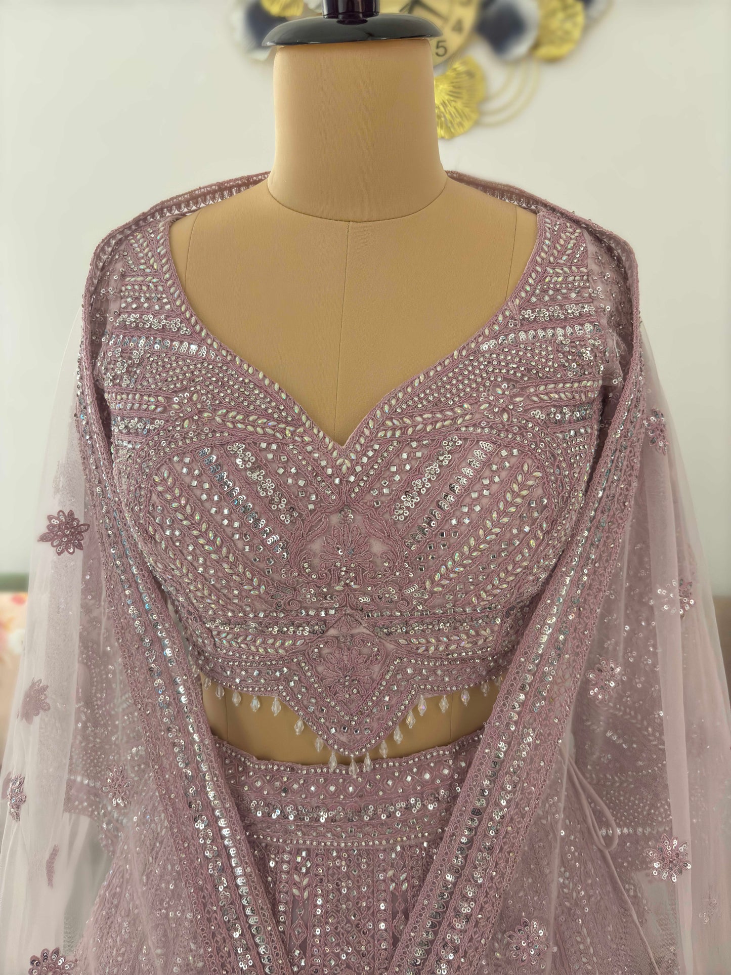 Powder-Purple Designer Lehenga with Miror Sequins & Zari Work