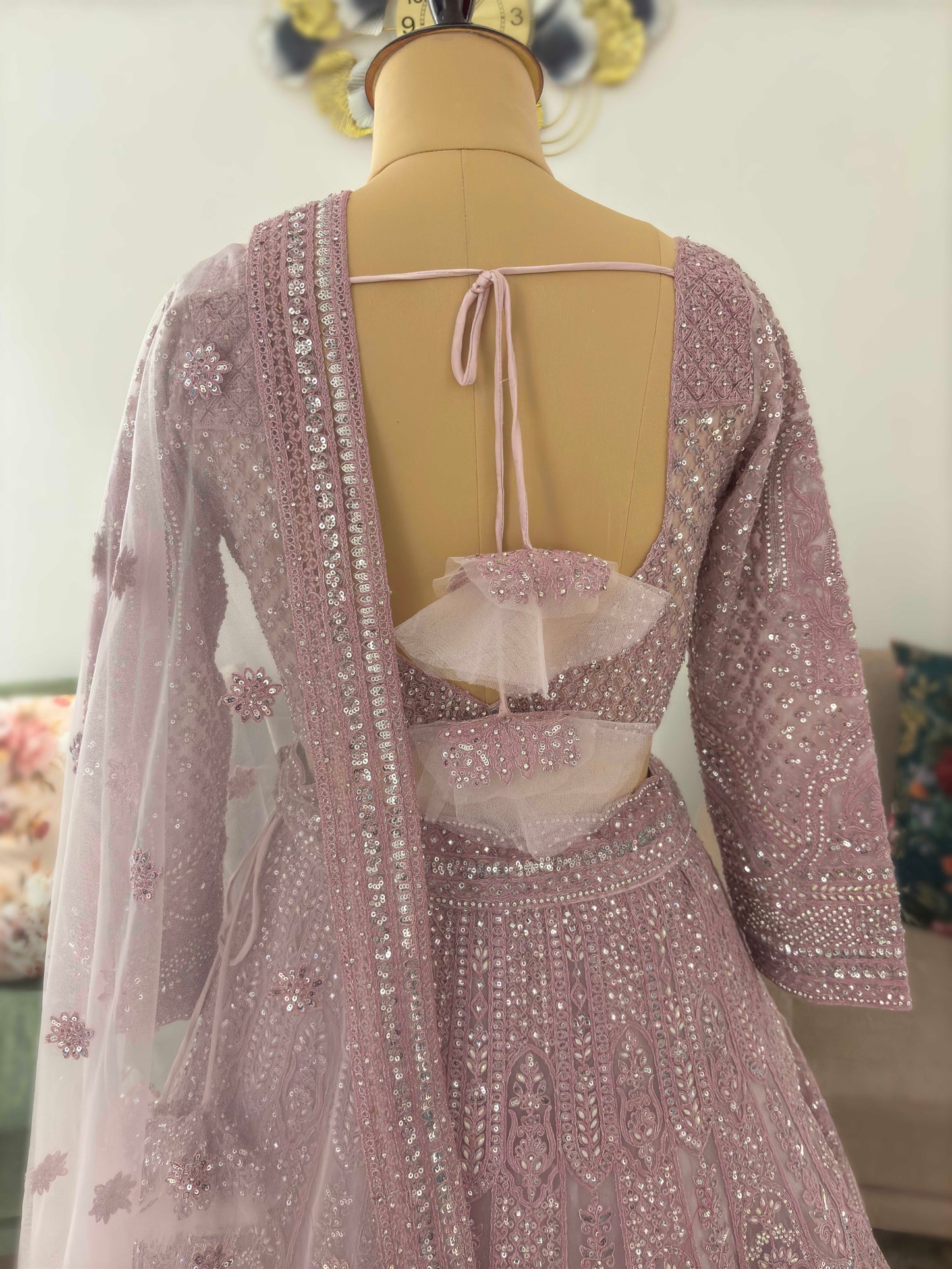 Powder-Purple Designer Lehenga with Miror Sequins & Zari Work