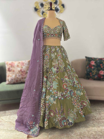 Green Colour Lehenga with Pearl Zari & Sequins Work