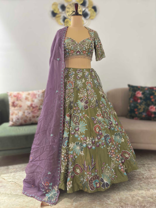 Green Colour Lehenga with Pearl Zari & Sequins Work
