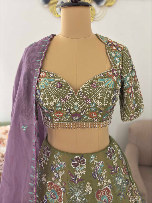 Green Colour Lehenga with Pearl Zari & Sequins Work