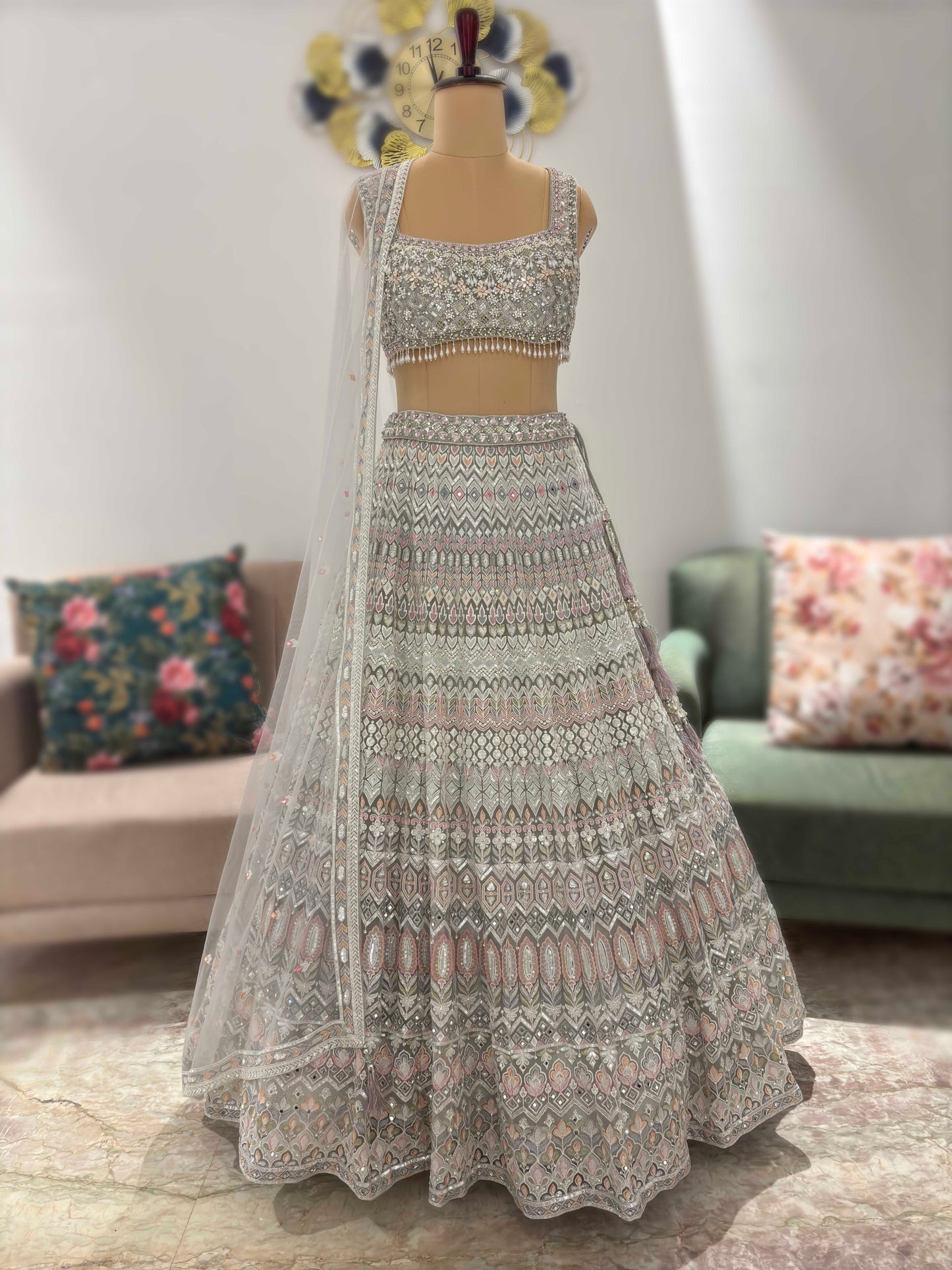 Grey Colour Lehenga with Sequins & Multi Resham Work